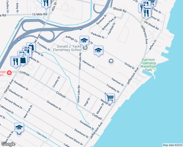 map of restaurants, bars, coffee shops, grocery stores, and more near 24725 Trombley Street in Macomb County
