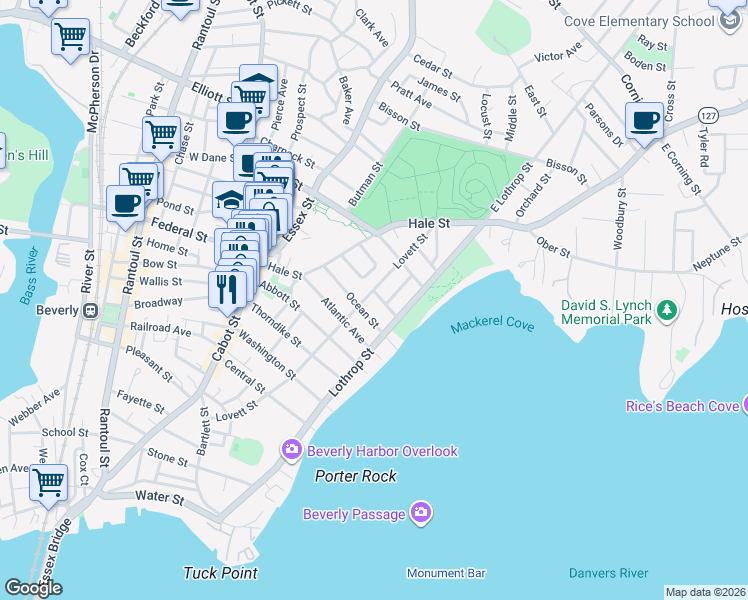 map of restaurants, bars, coffee shops, grocery stores, and more near 83 Lovett Street in Beverly
