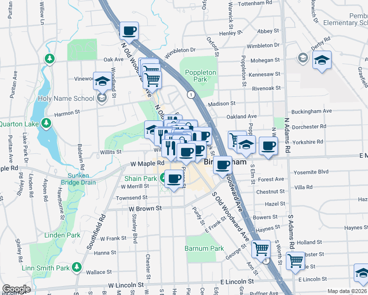 map of restaurants, bars, coffee shops, grocery stores, and more near 270 North Old Woodward Avenue in Birmingham