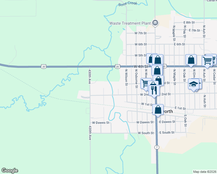 map of restaurants, bars, coffee shops, grocery stores, and more near Hall Street in Ainsworth