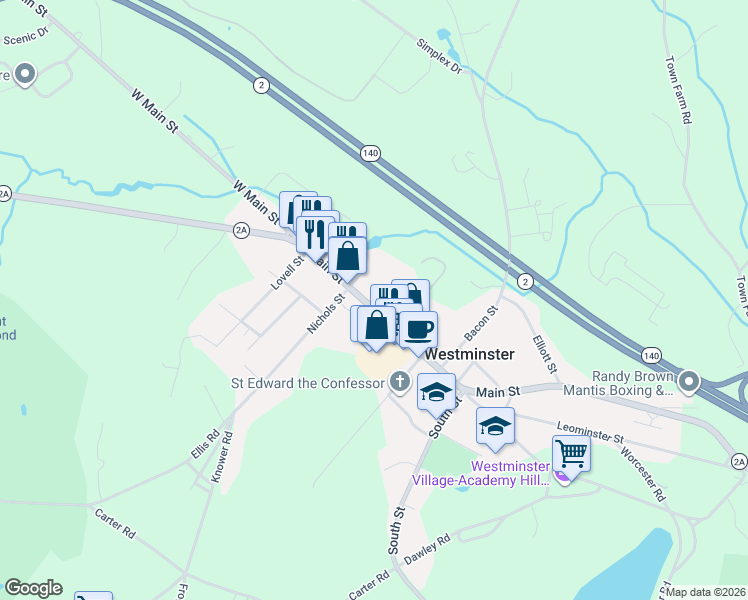 map of restaurants, bars, coffee shops, grocery stores, and more near 84 East Main Street in Westminster