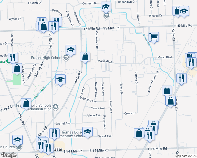 map of restaurants, bars, coffee shops, grocery stores, and more near 33932 Nokomis Drive in Fraser