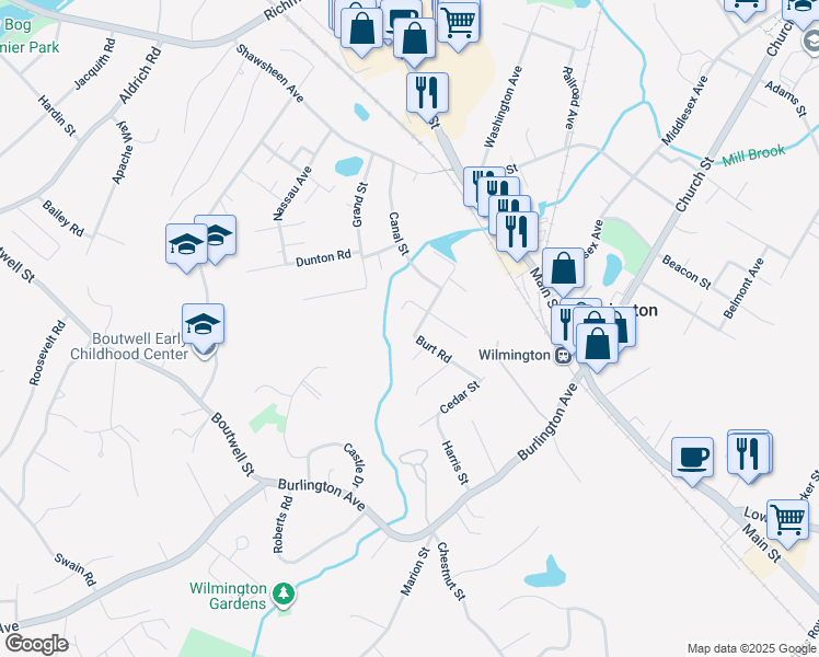 map of restaurants, bars, coffee shops, grocery stores, and more near 14 Burt Road in Wilmington