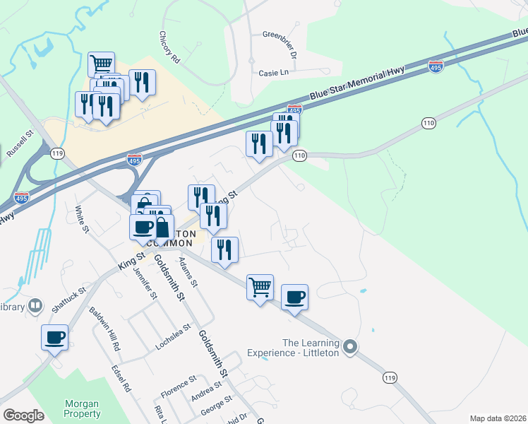 map of restaurants, bars, coffee shops, grocery stores, and more near 3 Farmstead Way in Littleton