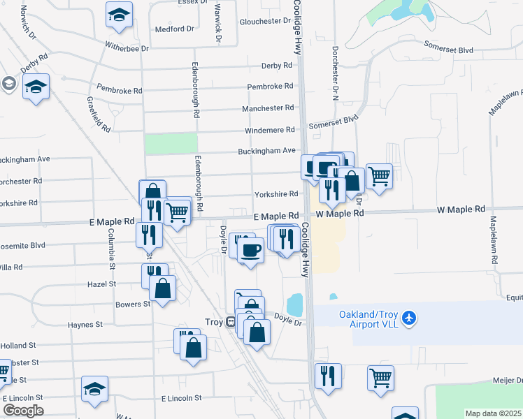 map of restaurants, bars, coffee shops, grocery stores, and more near 2655 East Maple Road in Birmingham