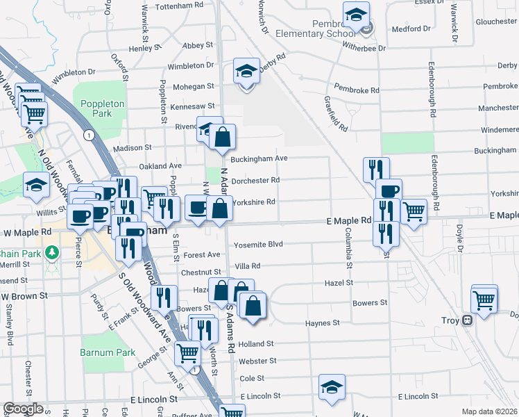 map of restaurants, bars, coffee shops, grocery stores, and more near 1316 Yorkshire Road in Birmingham