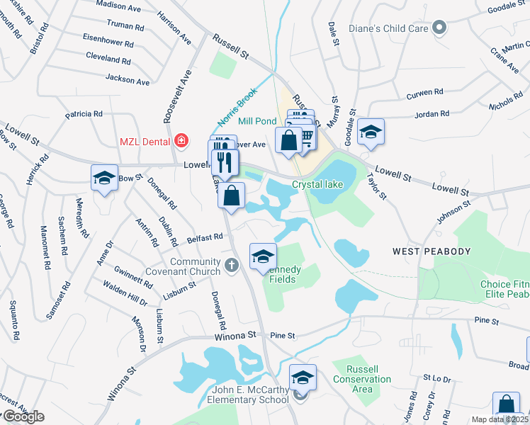 map of restaurants, bars, coffee shops, grocery stores, and more near 12 Elginwood Road in Peabody