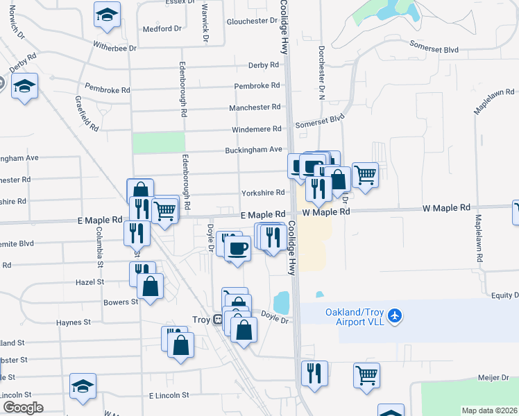 map of restaurants, bars, coffee shops, grocery stores, and more near 2711 East Maple Road in Birmingham