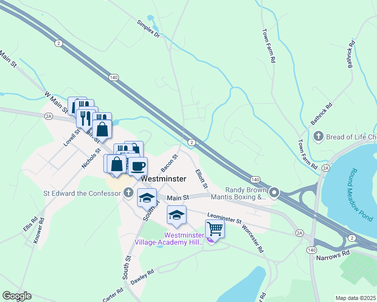 map of restaurants, bars, coffee shops, grocery stores, and more near 19 Elliott Street in Westminster