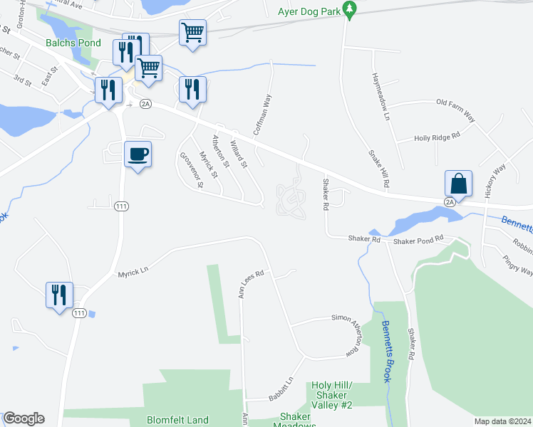 map of restaurants, bars, coffee shops, grocery stores, and more near 129 Willard Street in Ayer