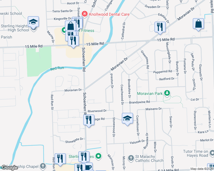 map of restaurants, bars, coffee shops, grocery stores, and more near 34247 Rockford Road in Sterling Heights