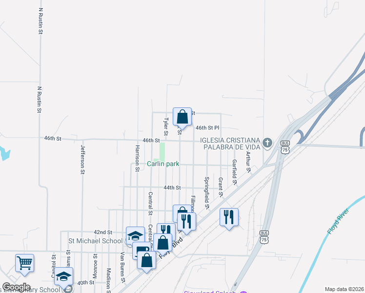 map of restaurants, bars, coffee shops, grocery stores, and more near 4529 Fillmore Street in Sioux City