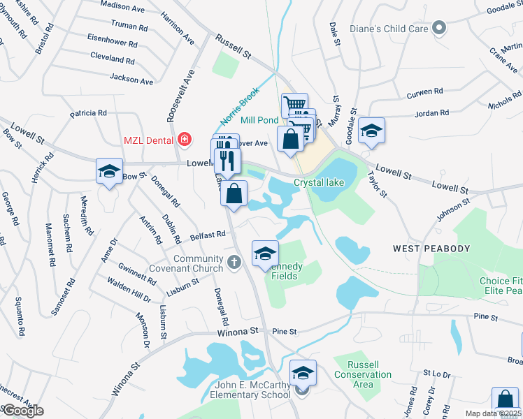 map of restaurants, bars, coffee shops, grocery stores, and more near 12 Elginwood Road in Peabody