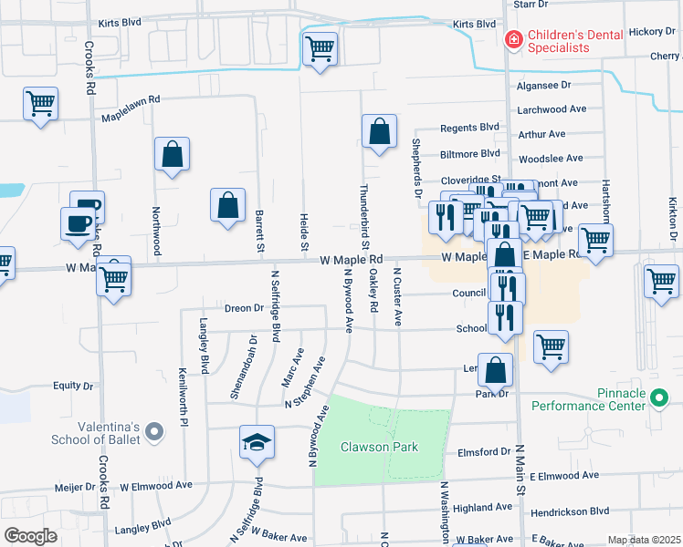map of restaurants, bars, coffee shops, grocery stores, and more near 629 West Maple Road in Clawson