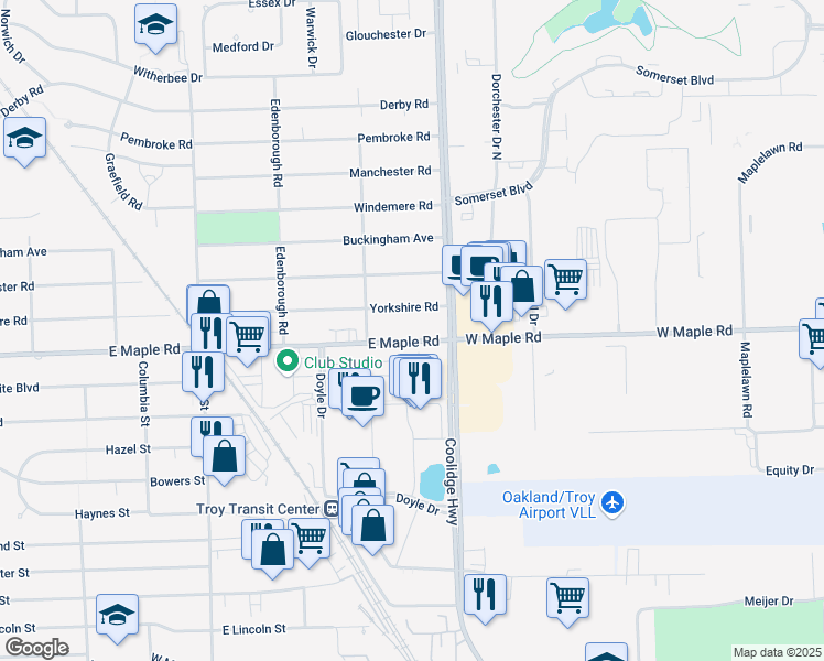 map of restaurants, bars, coffee shops, grocery stores, and more near 2711 East Maple Road in Birmingham