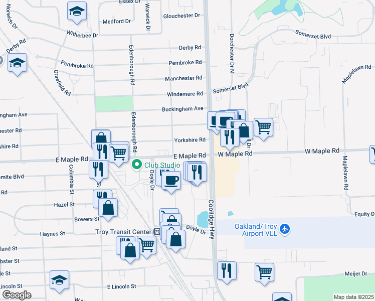 map of restaurants, bars, coffee shops, grocery stores, and more near 2711 East Maple Road in Birmingham