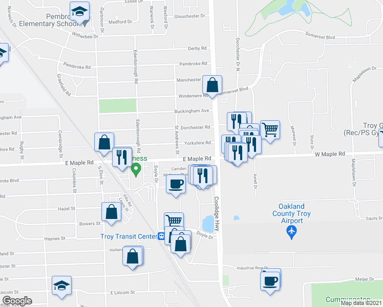 map of restaurants, bars, coffee shops, grocery stores, and more near 2711 East Maple Road in Birmingham