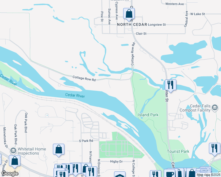 map of restaurants, bars, coffee shops, grocery stores, and more near 1106 Cottage Row Rd in Cedar Falls