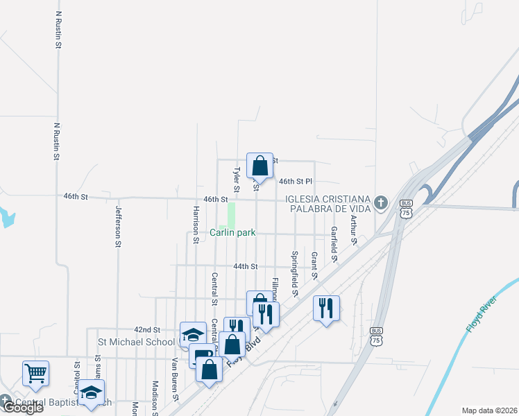 map of restaurants, bars, coffee shops, grocery stores, and more near 4529 Fillmore Street in Sioux City