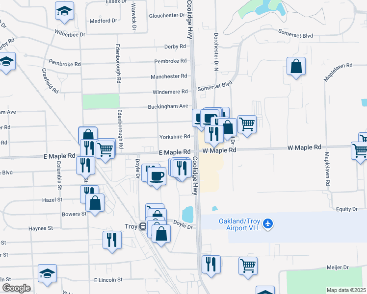 map of restaurants, bars, coffee shops, grocery stores, and more near 111 Coolidge Road in Birmingham