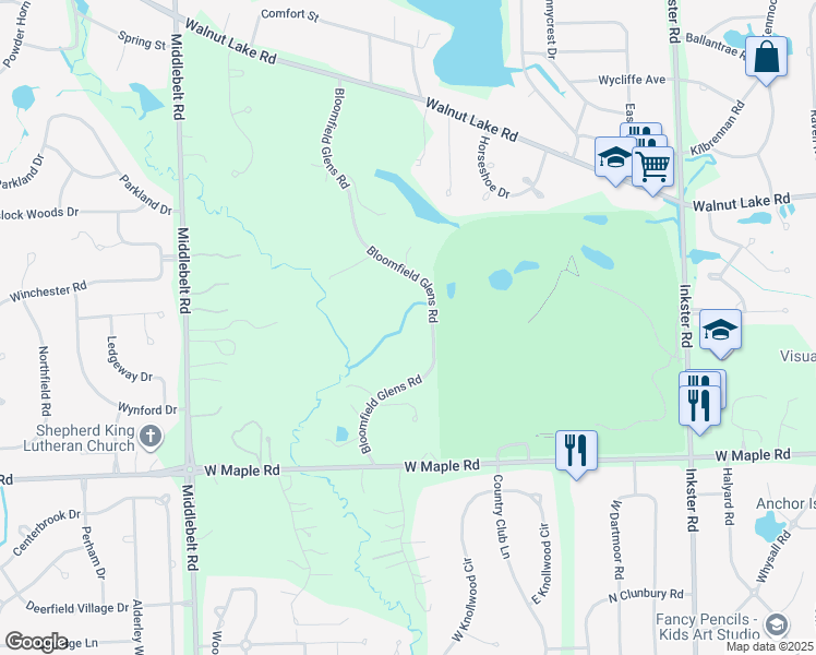 map of restaurants, bars, coffee shops, grocery stores, and more near 6100 Bloomfield Glens Road in West Bloomfield Township