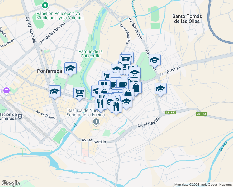 map of restaurants, bars, coffee shops, grocery stores, and more near 24 Calle General Vives in Ponferrada