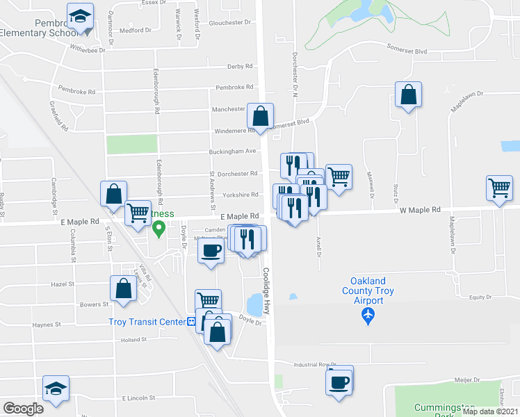 map of restaurants, bars, coffee shops, grocery stores, and more near 111 Coolidge Road in Birmingham