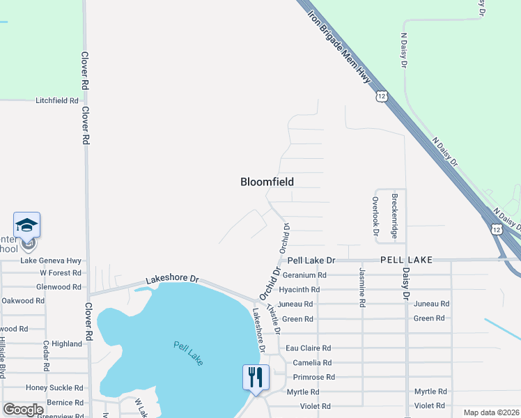map of restaurants, bars, coffee shops, grocery stores, and more near N1565 Orchid Drive in Genoa City