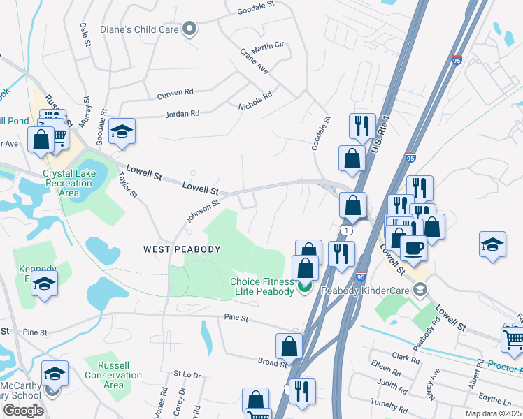 map of restaurants, bars, coffee shops, grocery stores, and more near 8 Carpenter Street in Peabody