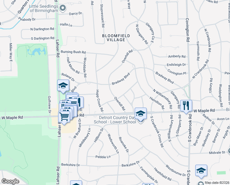 map of restaurants, bars, coffee shops, grocery stores, and more near 3270 Morningview Terrace in Bloomfield Hills