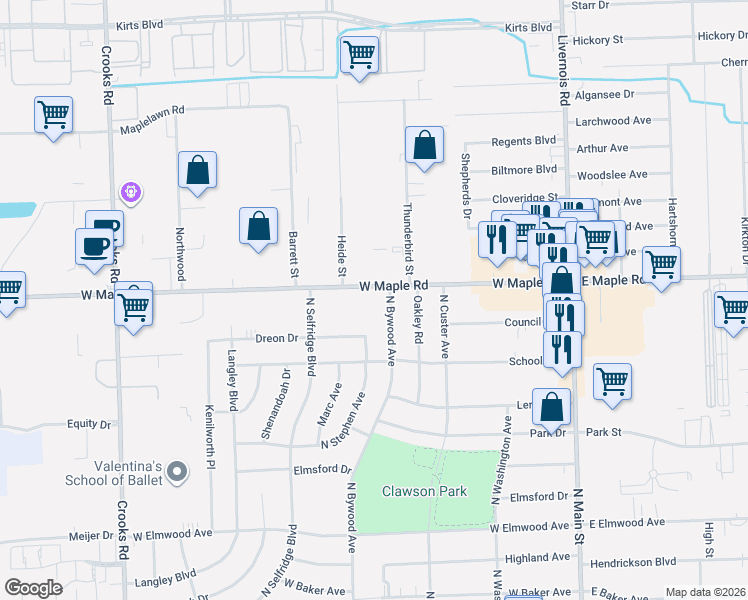map of restaurants, bars, coffee shops, grocery stores, and more near 629 West Maple Road in Clawson