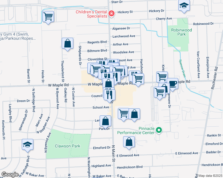 map of restaurants, bars, coffee shops, grocery stores, and more near 1558 North Main Street in Clawson