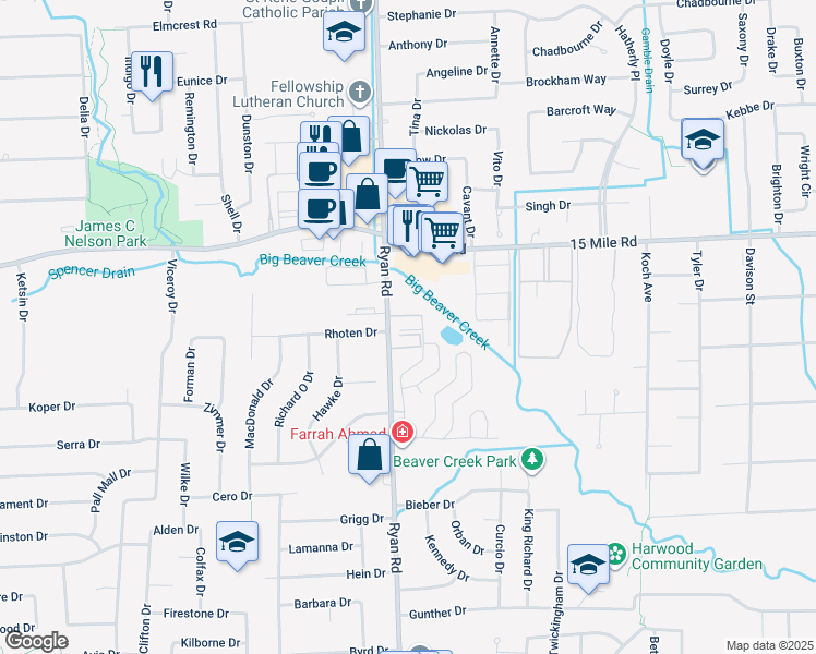map of restaurants, bars, coffee shops, grocery stores, and more near 4112 Shoal Creek Drive in Sterling Heights