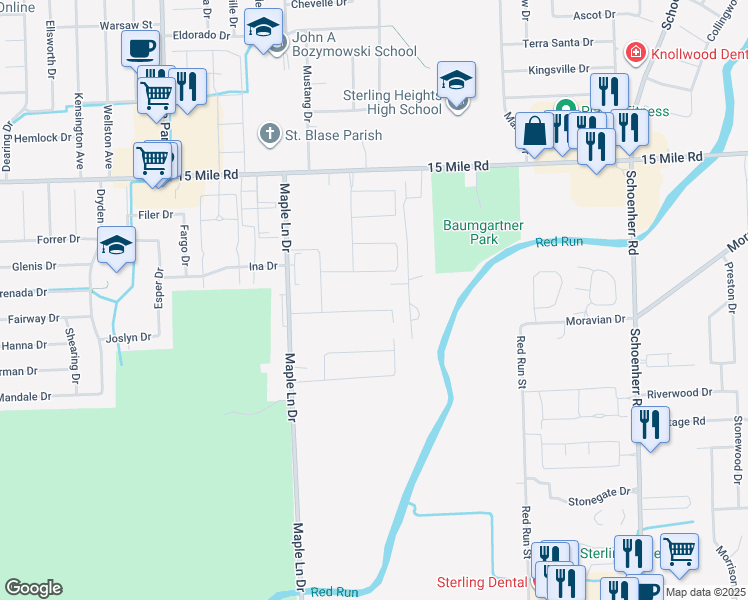 map of restaurants, bars, coffee shops, grocery stores, and more near 12251 Jode Pointe Drive in Sterling Heights