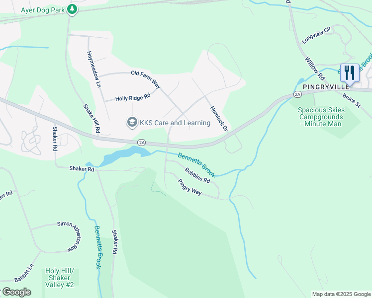 map of restaurants, bars, coffee shops, grocery stores, and more near 6 Robbins Road in Ayer