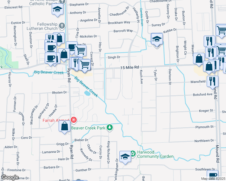 map of restaurants, bars, coffee shops, grocery stores, and more near 34691 Pisces Drive in Sterling Heights