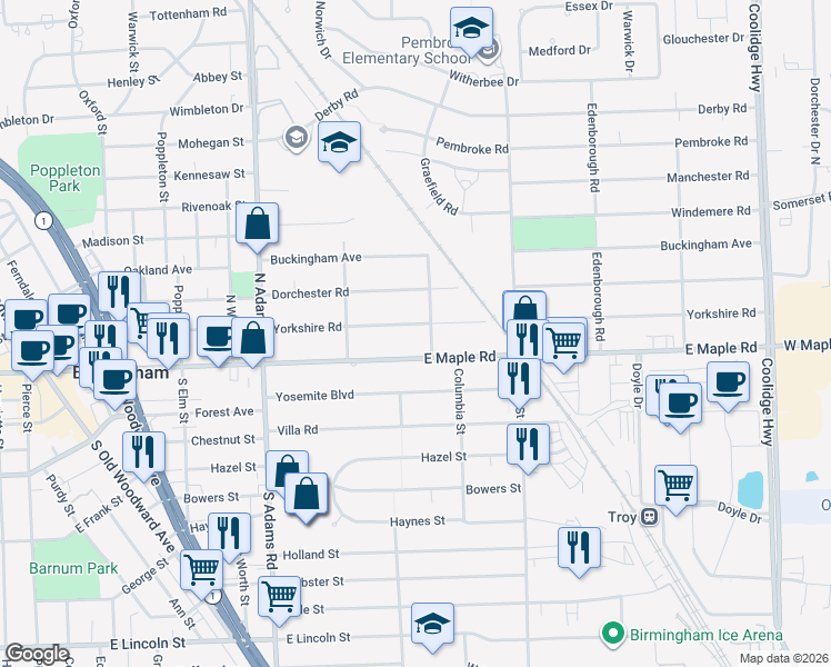 map of restaurants, bars, coffee shops, grocery stores, and more near 1591 East Maple Road in Birmingham