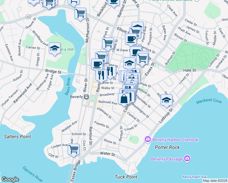 map of restaurants, bars, coffee shops, grocery stores, and more near 22 Broadway in Beverly