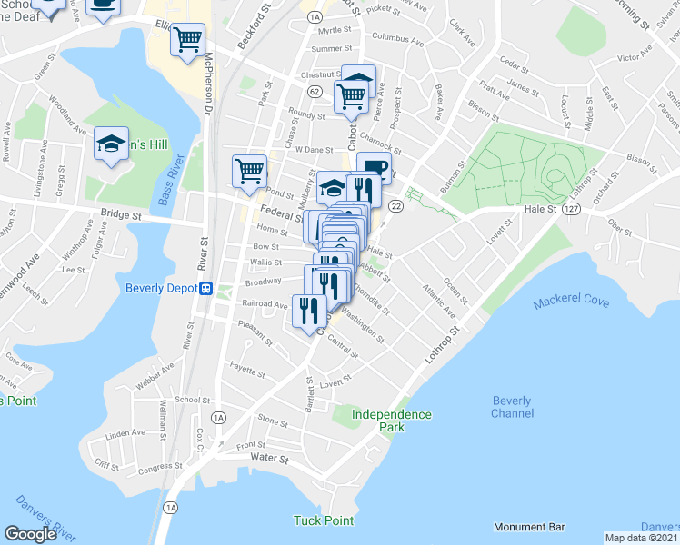 map of restaurants, bars, coffee shops, grocery stores, and more near 188-194 Cabot Street in Beverly
