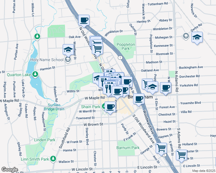 map of restaurants, bars, coffee shops, grocery stores, and more near 275 North Old Woodward Avenue in Birmingham