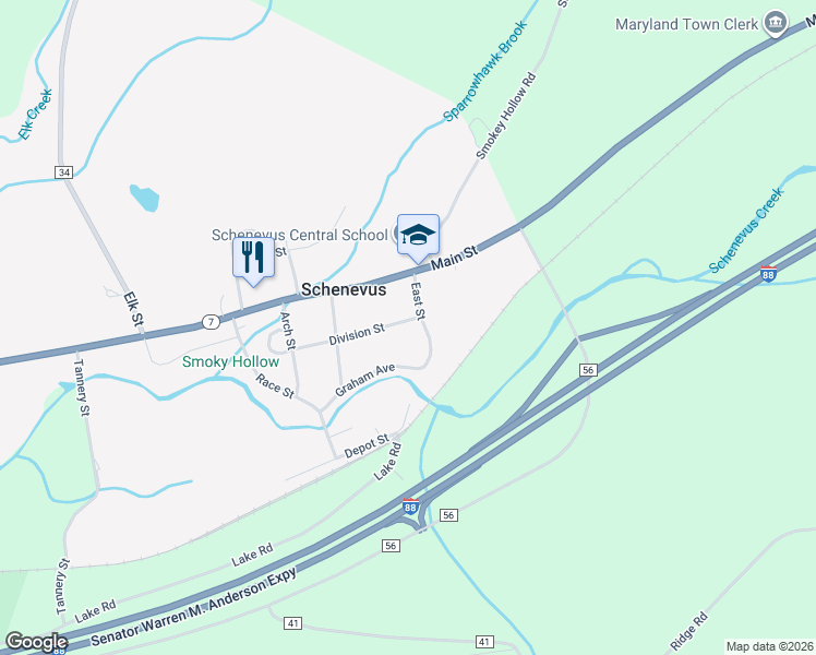 map of restaurants, bars, coffee shops, grocery stores, and more near 48 Division Street in Schenevus