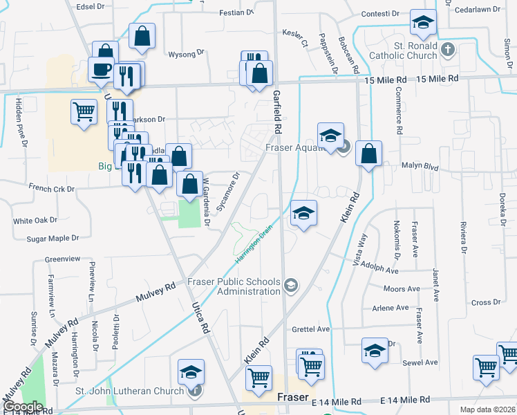 map of restaurants, bars, coffee shops, grocery stores, and more near 34108 Garfield Circle in Fraser