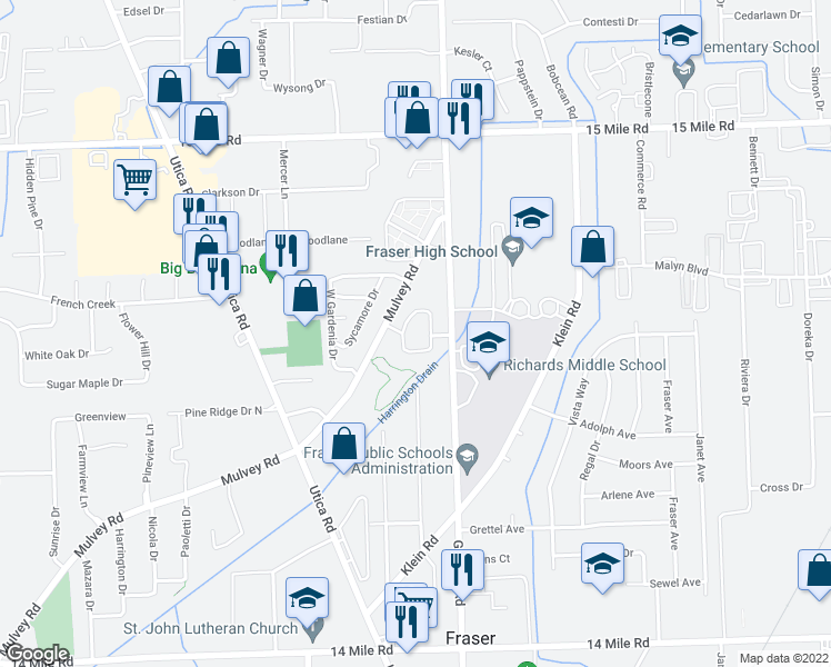 map of restaurants, bars, coffee shops, grocery stores, and more near 34108 Garfield Circle in Fraser