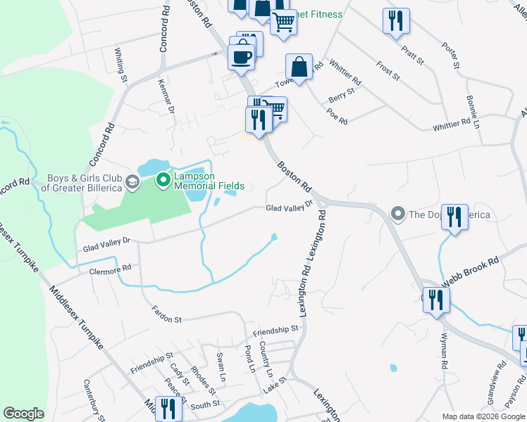 map of restaurants, bars, coffee shops, grocery stores, and more near 63 Glad Valley Drive in Billerica