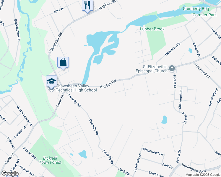 map of restaurants, bars, coffee shops, grocery stores, and more near 154 Aldrich Road in Wilmington