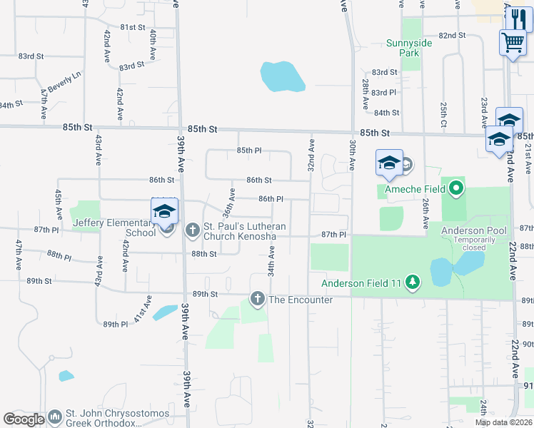 map of restaurants, bars, coffee shops, grocery stores, and more near 8703 34th Avenue in Kenosha