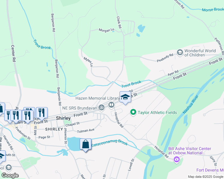 map of restaurants, bars, coffee shops, grocery stores, and more near 25 Clark Road in Shirley