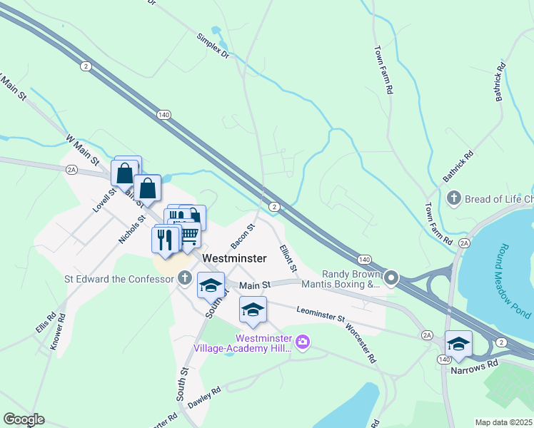 map of restaurants, bars, coffee shops, grocery stores, and more near 19 Elliott Street in Westminster
