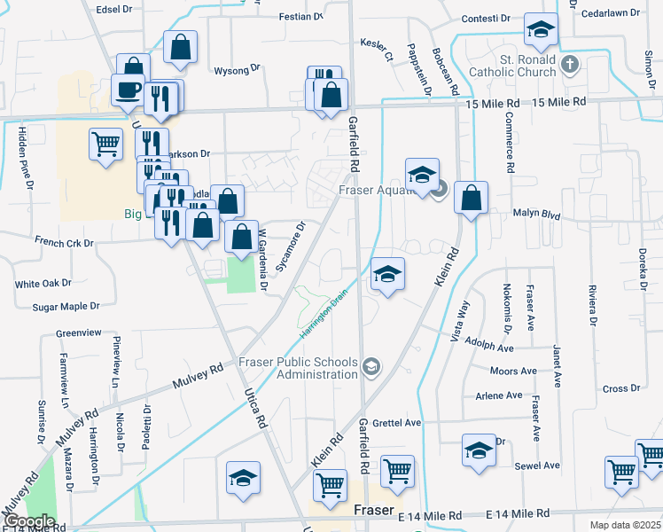 map of restaurants, bars, coffee shops, grocery stores, and more near 34108 Garfield Circle in Fraser