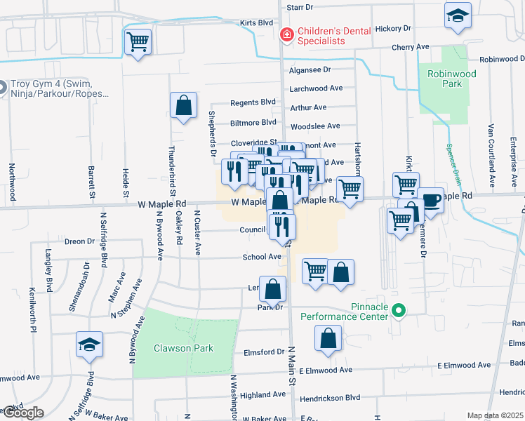 map of restaurants, bars, coffee shops, grocery stores, and more near 48 Council Avenue in Clawson